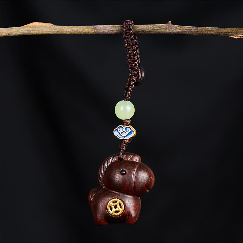 Buddha Stones "Hoping You Have a Joyful Year" Year of the Horse Rainbow Eucalyptus Small Leaf Red Sandalwood Key Chain Includes Gift Message Card