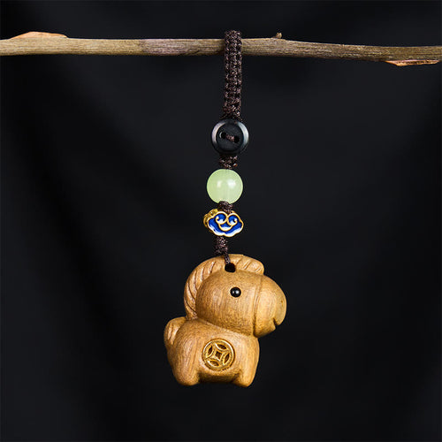 Buddha Stones "Hoping You Have a Joyful Year" Year of the Horse Rainbow Eucalyptus Small Leaf Red Sandalwood Key Chain Includes Gift Message Card