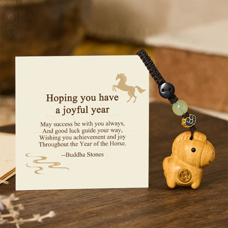 Buddha Stones "Hoping You Have a Joyful Year" Year of the Horse Rainbow Eucalyptus Small Leaf Red Sandalwood Key Chain Includes Gift Message Card
