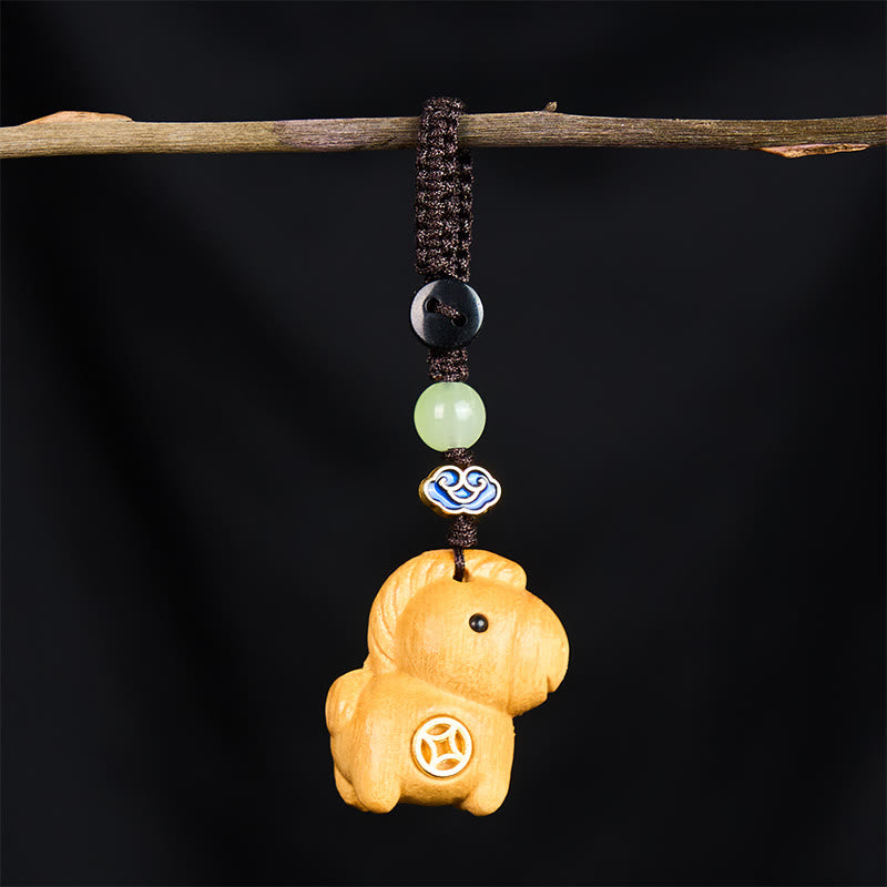 Buddha Stones "Hoping You Have a Joyful Year" Year of the Horse Rainbow Eucalyptus Small Leaf Red Sandalwood Key Chain Includes Gift Message Card