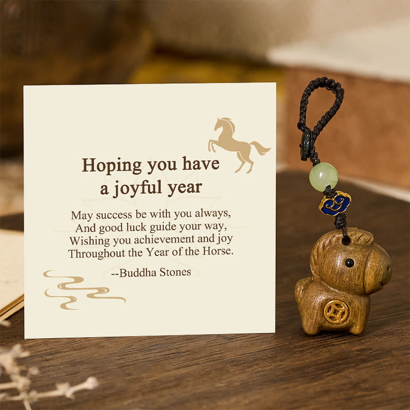 Buddha Stones "Hoping You Have a Joyful Year" Year of the Horse Rainbow Eucalyptus Small Leaf Red Sandalwood Key Chain Includes Gift Message Card