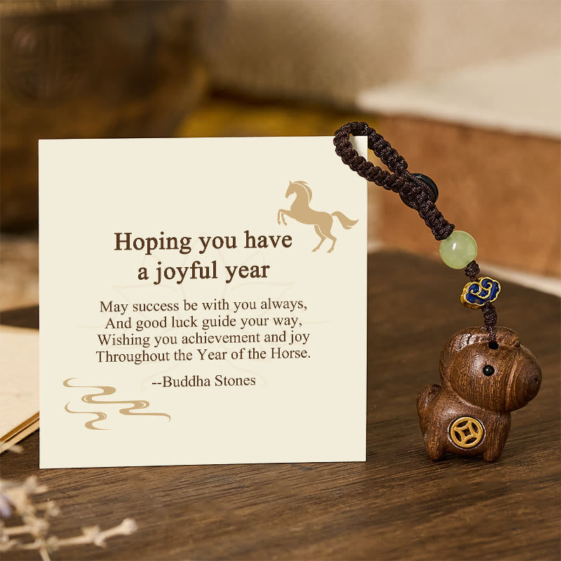 Buddha Stones "Hoping You Have a Joyful Year" Year of the Horse Rainbow Eucalyptus Small Leaf Red Sandalwood Key Chain Includes Gift Message Card