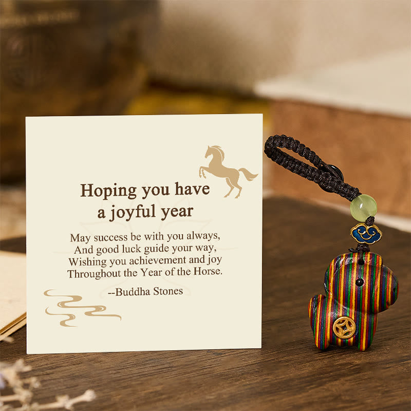 Buddha Stones "Hoping You Have a Joyful Year" Year of the Horse Rainbow Eucalyptus Small Leaf Red Sandalwood Key Chain Includes Gift Message Card