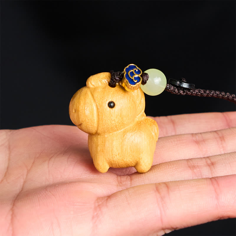 Buddha Stones "Hoping You Have a Joyful Year" Year of the Horse Rainbow Eucalyptus Small Leaf Red Sandalwood Key Chain Includes Gift Message Card