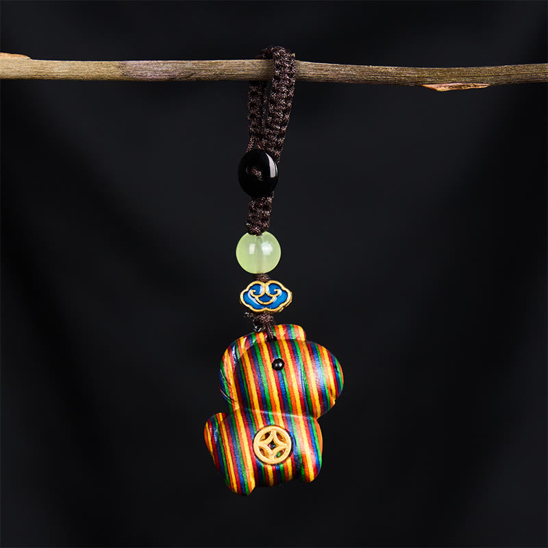 Buddha Stones "Hoping You Have a Joyful Year" Year of the Horse Rainbow Eucalyptus Small Leaf Red Sandalwood Key Chain Includes Gift Message Card