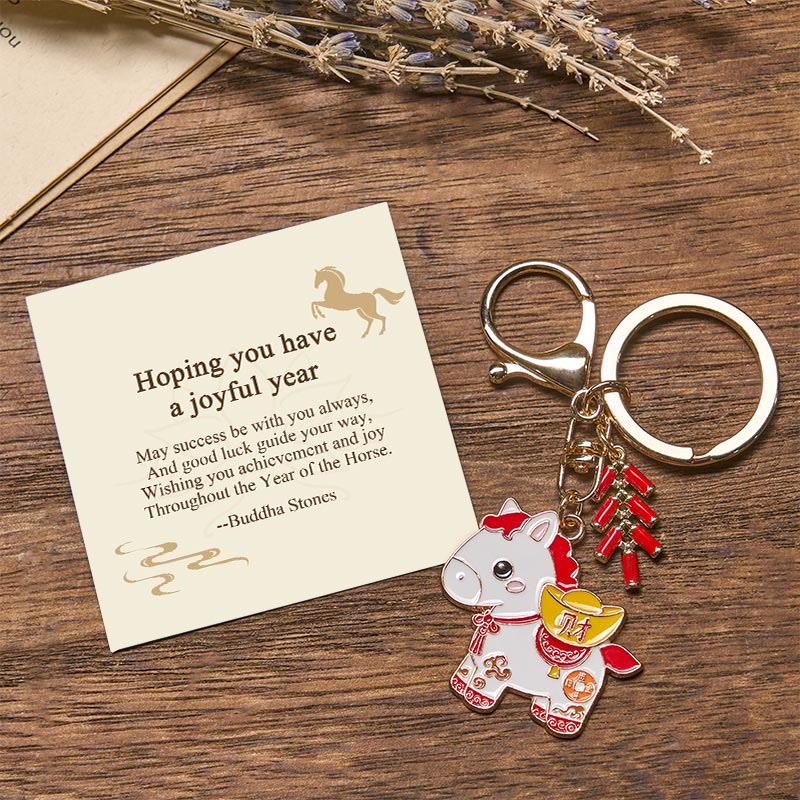Buddha Stones "Hoping You Have a Joyful Year" Year of the Horse Ingot Red Firecrackers Alloy Key Chain Includes Gift Message Card
