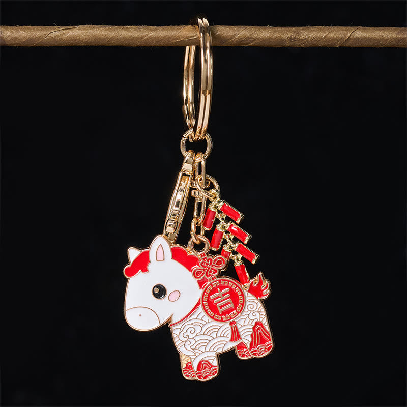 Buddha Stones "Hoping You Have a Joyful Year" Year of the Horse Ingot Red Firecrackers Alloy Key Chain Includes Gift Message Card