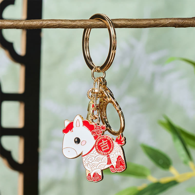 Buddha Stones "Hoping You Have a Joyful Year" Year of the Horse Ingot Red Firecrackers Alloy Key Chain Includes Gift Message Card
