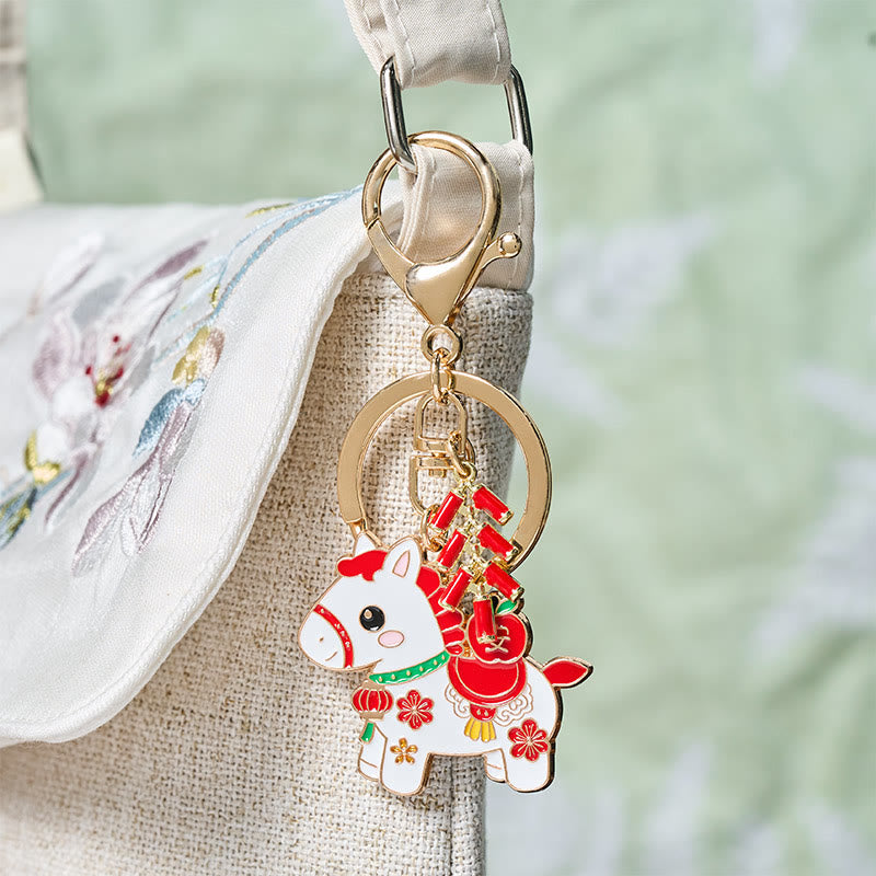 Buddha Stones "Hoping You Have a Joyful Year" Year of the Horse Ingot Red Firecrackers Alloy Key Chain Includes Gift Message Card