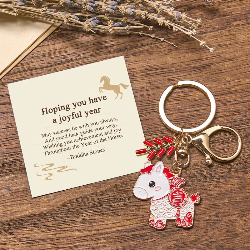 Buddha Stones "Hoping You Have a Joyful Year" Year of the Horse Ingot Red Firecrackers Alloy Key Chain Includes Gift Message Card