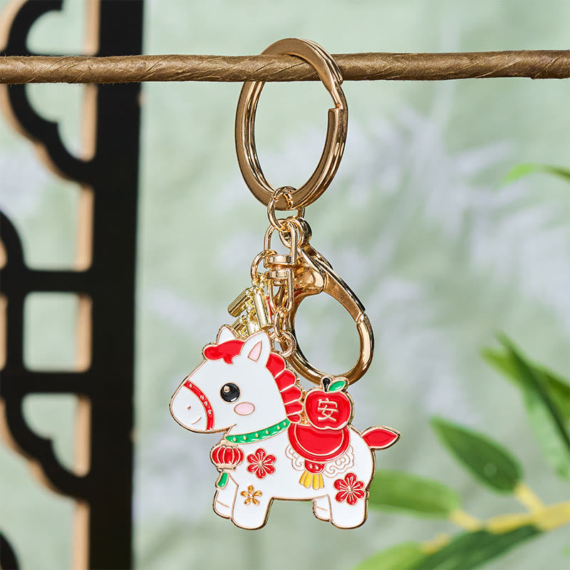Buddha Stones "Hoping You Have a Joyful Year" Year of the Horse Ingot Red Firecrackers Alloy Key Chain Includes Gift Message Card