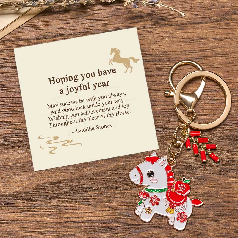 Buddha Stones "Hoping You Have a Joyful Year" Year of the Horse Ingot Red Firecrackers Alloy Key Chain Includes Gift Message Card