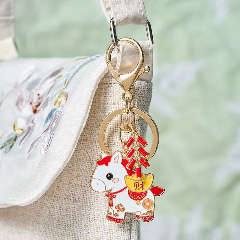 Buddha Stones "Hoping You Have a Joyful Year" Year of the Horse Ingot Red Firecrackers Alloy Key Chain Includes Gift Message Card