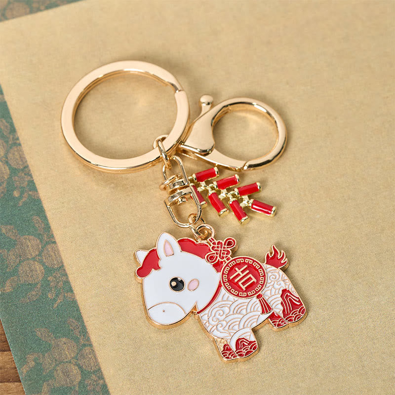 Buddha Stones "Hoping You Have a Joyful Year" Year of the Horse Ingot Red Firecrackers Alloy Key Chain Includes Gift Message Card