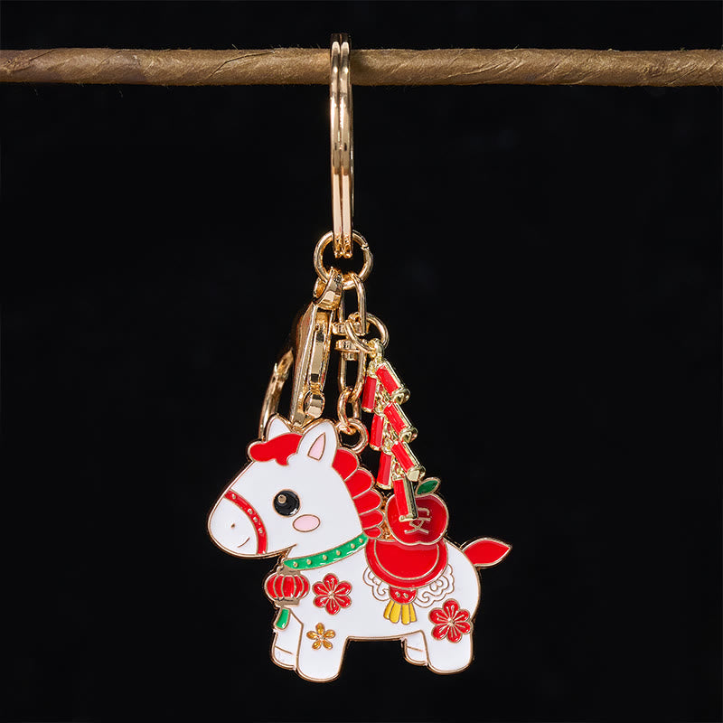 Buddha Stones "Hoping You Have a Joyful Year" Year of the Horse Ingot Red Firecrackers Alloy Key Chain Includes Gift Message Card