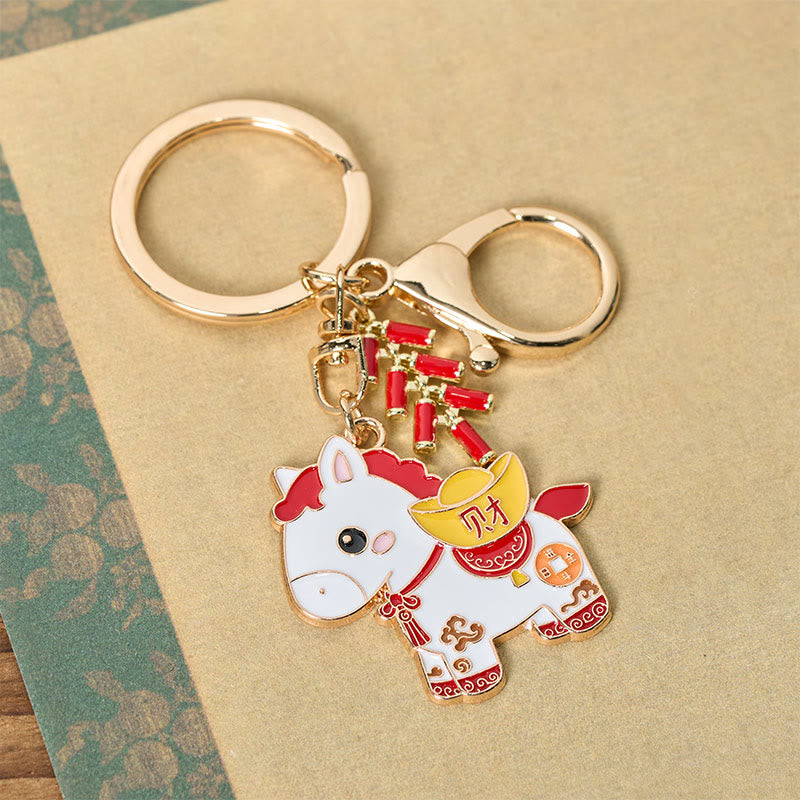 Buddha Stones "Hoping You Have a Joyful Year" Year of the Horse Ingot Red Firecrackers Alloy Key Chain Includes Gift Message Card