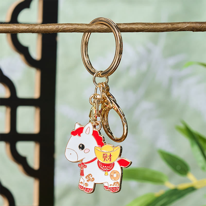 Buddha Stones "Hoping You Have a Joyful Year" Year of the Horse Ingot Red Firecrackers Alloy Key Chain Includes Gift Message Card