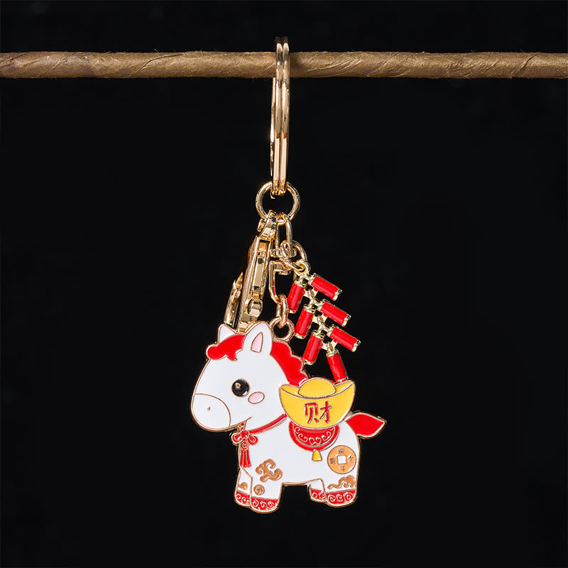 Buddha Stones "Hoping You Have a Joyful Year" Year of the Horse Ingot Red Firecrackers Alloy Key Chain Includes Gift Message Card