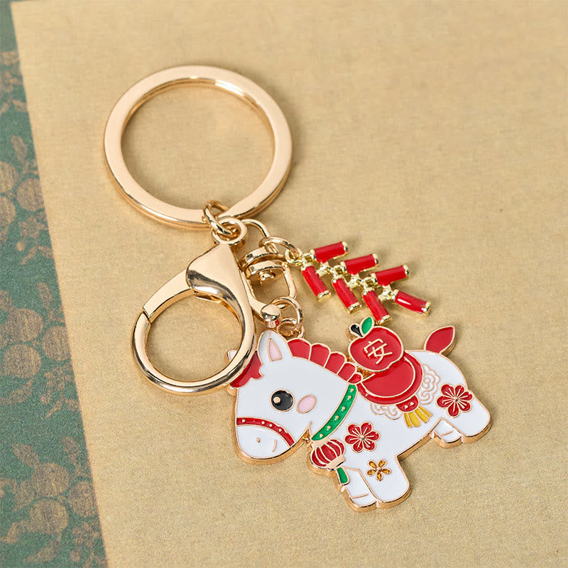 Buddha Stones "Hoping You Have a Joyful Year" Year of the Horse Ingot Red Firecrackers Alloy Key Chain Includes Gift Message Card