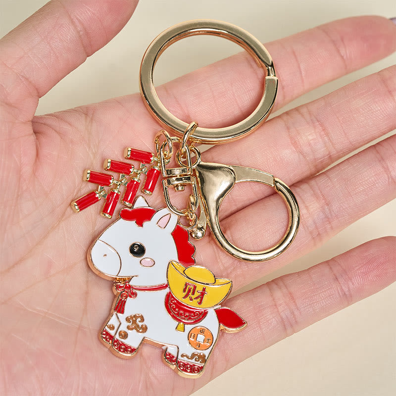 Buddha Stones "Hoping You Have a Joyful Year" Year of the Horse Ingot Red Firecrackers Alloy Key Chain Includes Gift Message Card