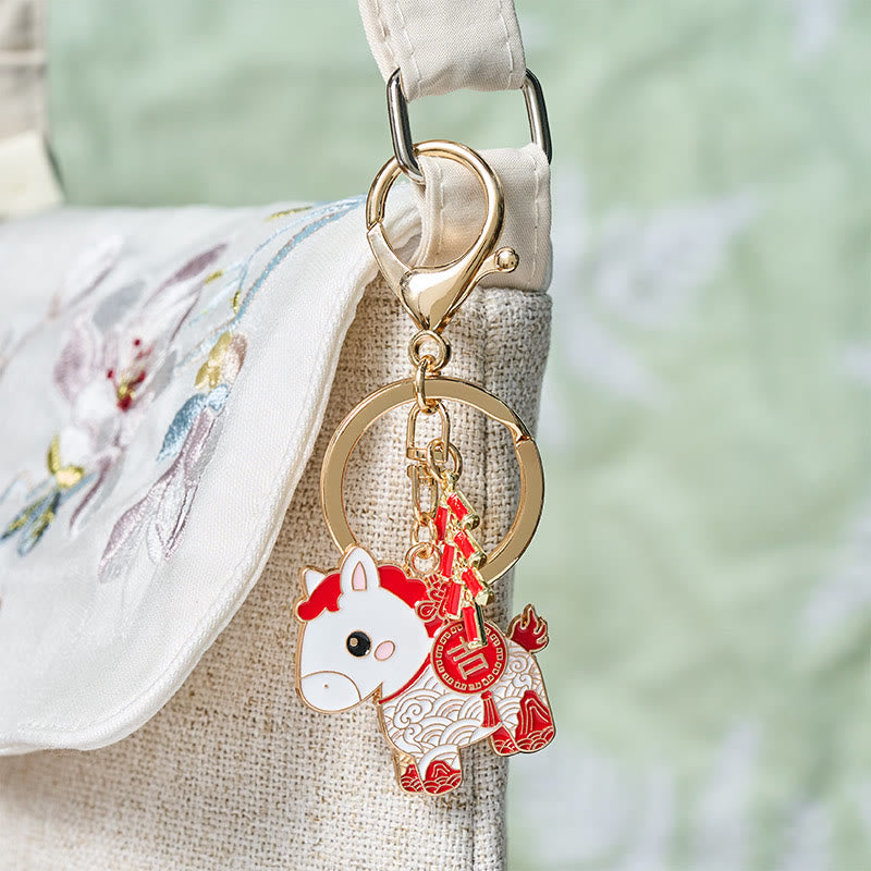 Buddha Stones "Hoping You Have a Joyful Year" Year of the Horse Ingot Red Firecrackers Alloy Key Chain Includes Gift Message Card