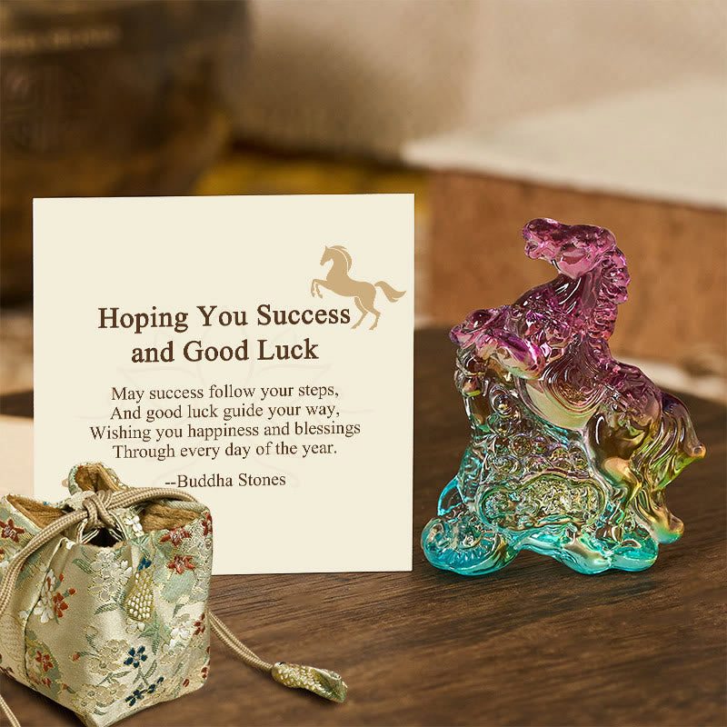 Buddha Stones "Hoping You Success and Good Luck" Year Of The Horse Ingot Get Rich Fast Mini Liuli Crystal Decoration Includes Gift Message Card