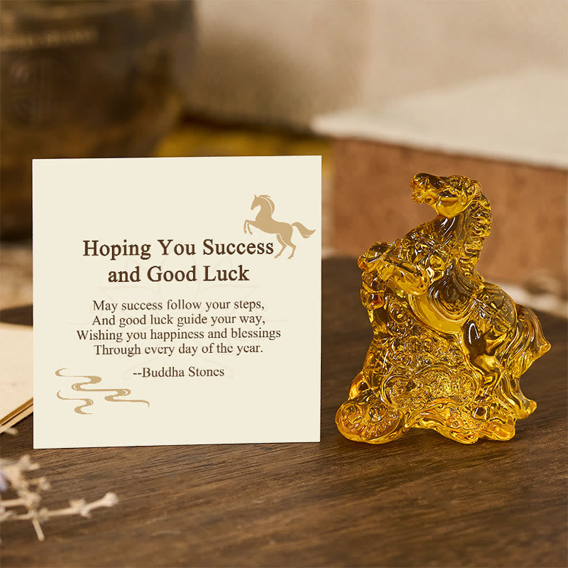 Buddha Stones "Hoping You Success and Good Luck" Year Of The Horse Ingot Get Rich Fast Mini Liuli Crystal Decoration Includes Gift Message Card