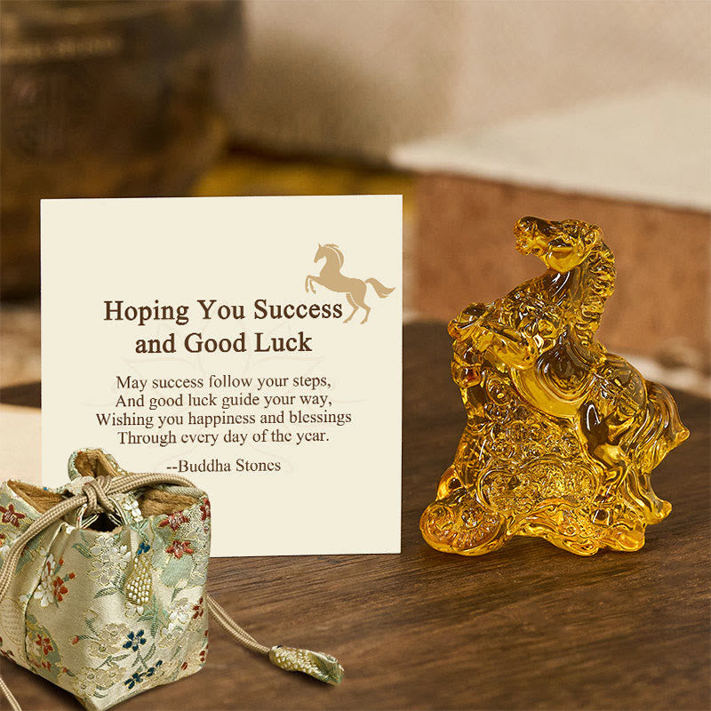 Buddha Stones "Hoping You Success and Good Luck" Year Of The Horse Ingot Get Rich Fast Mini Liuli Crystal Decoration Includes Gift Message Card