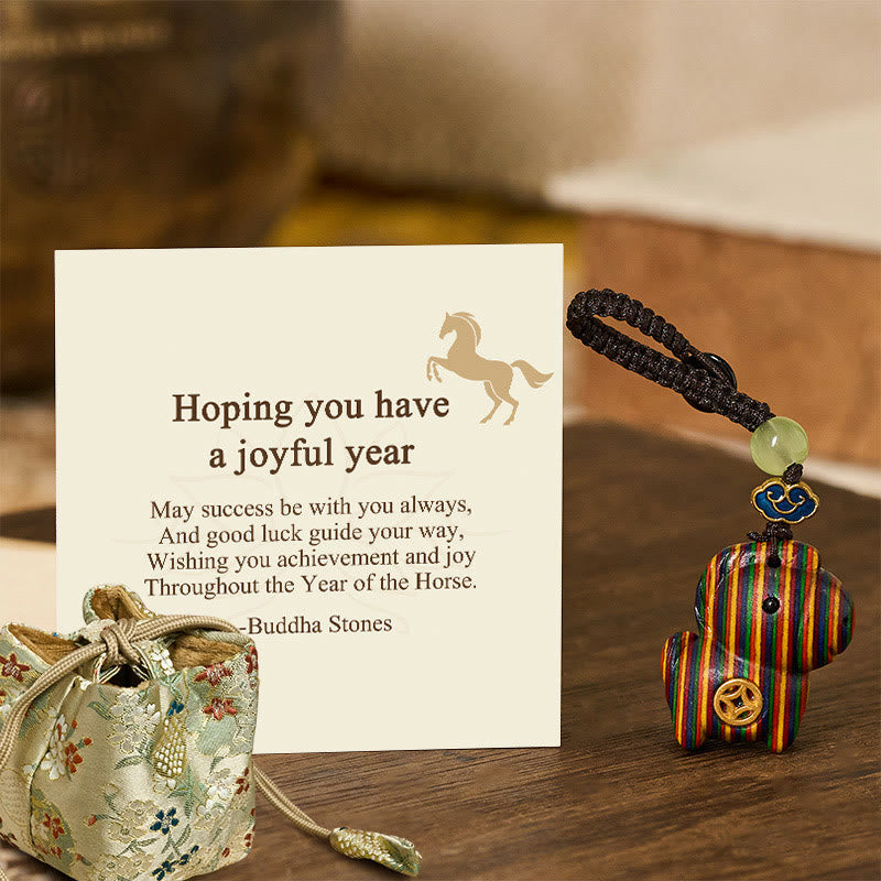 Buddha Stones "Hoping You Have a Joyful Year" Year of the Horse Rainbow Eucalyptus Small Leaf Red Sandalwood Key Chain Includes Gift Message Card