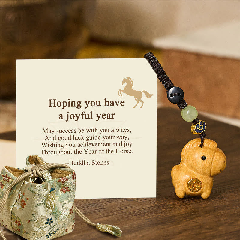 Buddha Stones "Hoping You Have a Joyful Year" Year of the Horse Rainbow Eucalyptus Small Leaf Red Sandalwood Key Chain Includes Gift Message Card