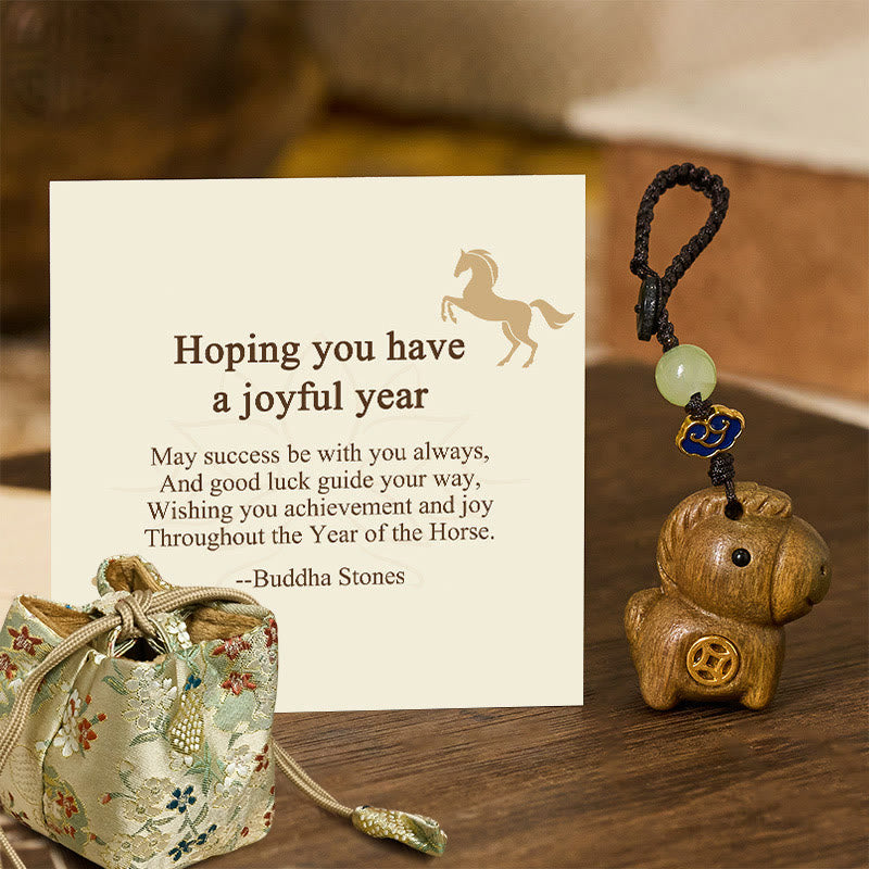 Buddha Stones "Hoping You Have a Joyful Year" Year of the Horse Rainbow Eucalyptus Small Leaf Red Sandalwood Key Chain Includes Gift Message Card