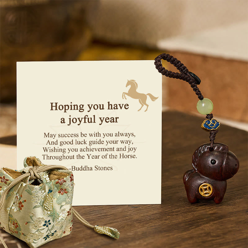 Buddha Stones "Hoping You Have a Joyful Year" Year of the Horse Rainbow Eucalyptus Small Leaf Red Sandalwood Key Chain Includes Gift Message Card