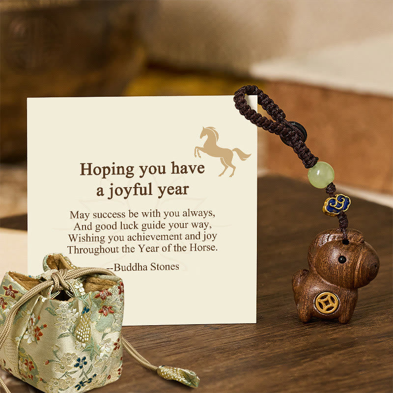 Buddha Stones "Hoping You Have a Joyful Year" Year of the Horse Rainbow Eucalyptus Small Leaf Red Sandalwood Key Chain Includes Gift Message Card