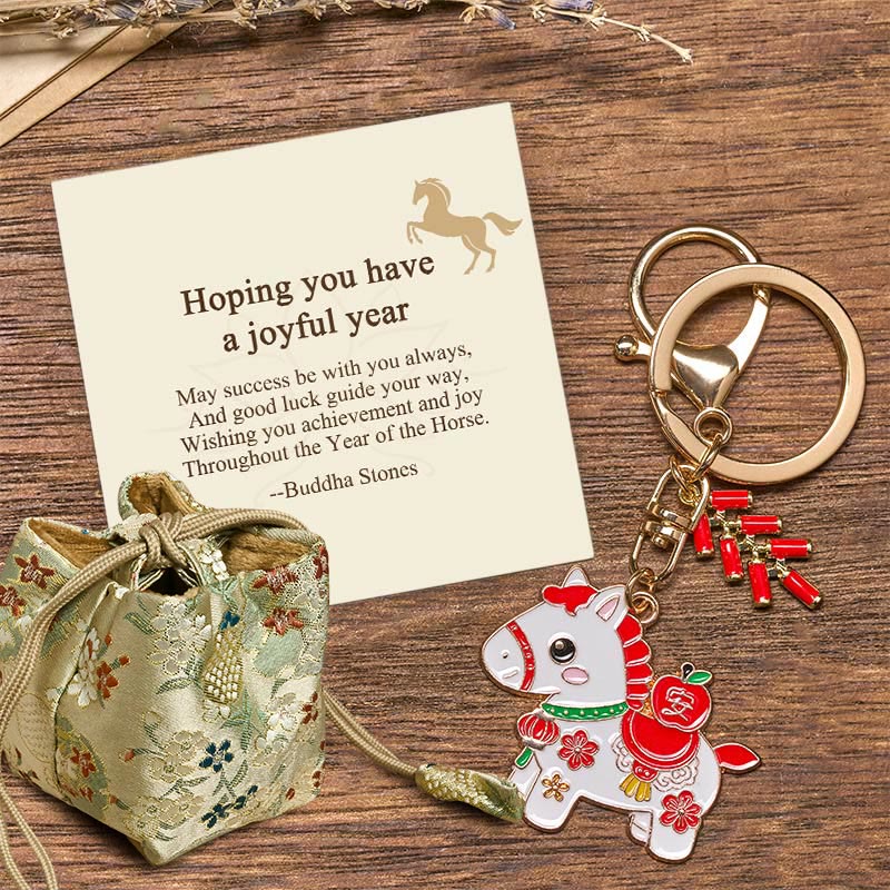 Buddha Stones "Hoping You Have a Joyful Year" Year of the Horse Ingot Red Firecrackers Alloy Key Chain Includes Gift Message Card