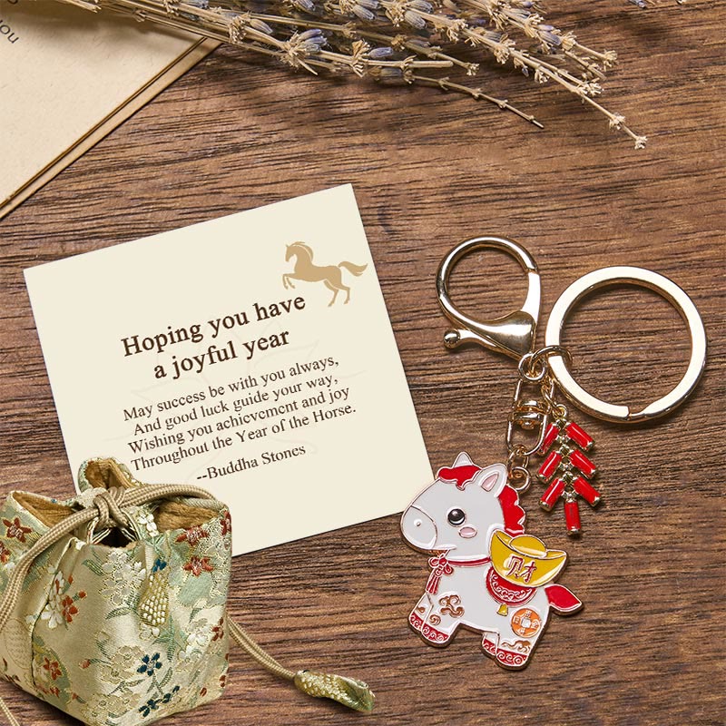 Buddha Stones "Hoping You Have a Joyful Year" Year of the Horse Ingot Red Firecrackers Alloy Key Chain Includes Gift Message Card