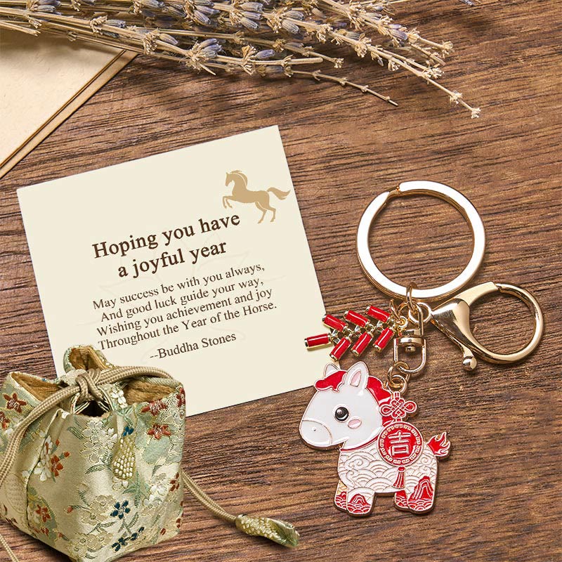 Buddha Stones "Hoping You Have a Joyful Year" Year of the Horse Ingot Red Firecrackers Alloy Key Chain Includes Gift Message Card