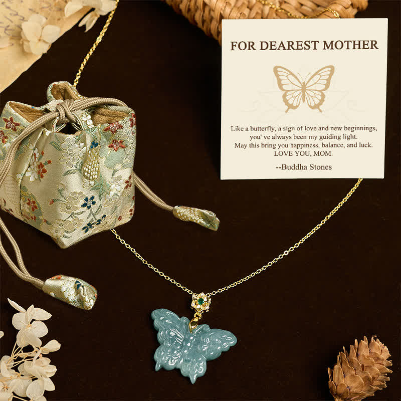 Buddha Stones "FOR DEAREST MOTHER" Jade Butterfly Abundance Necklace Pendants Includes Gift Message Card