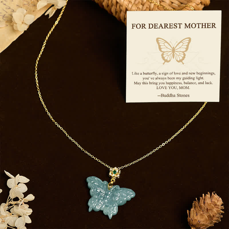 Buddha Stones "FOR DEAREST MOTHER" Jade Butterfly Abundance Necklace Pendants Includes Gift Message Card