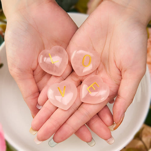 Buddha Stones 4Pcs Love & Comfort Heart Pattern Natural Rose Quartz Healing Crystal Stone Decor