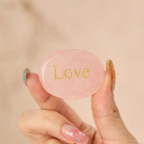 Buddha Stones LOVE Engraved Natural Rose Quartz Palm Stone Healing Crystal Decor