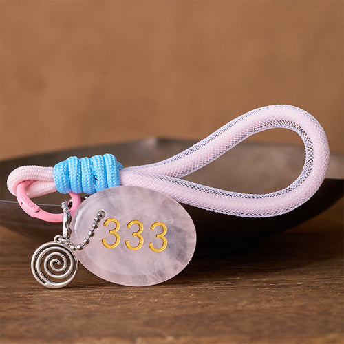 Buddha Stones Wishing Guidance and Strength 333 Angel Number Natural Rose Quartz Key Chain Hanging Decoration Includes Gift Message Card