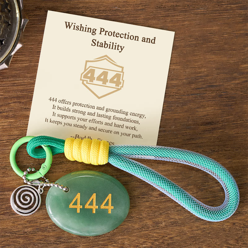 Buddha Stones "Wishing Protection and Stability" 444 Angel Number Natural Green Aventurine Key Chain Hanging Decoration Includes Gift Message Card
