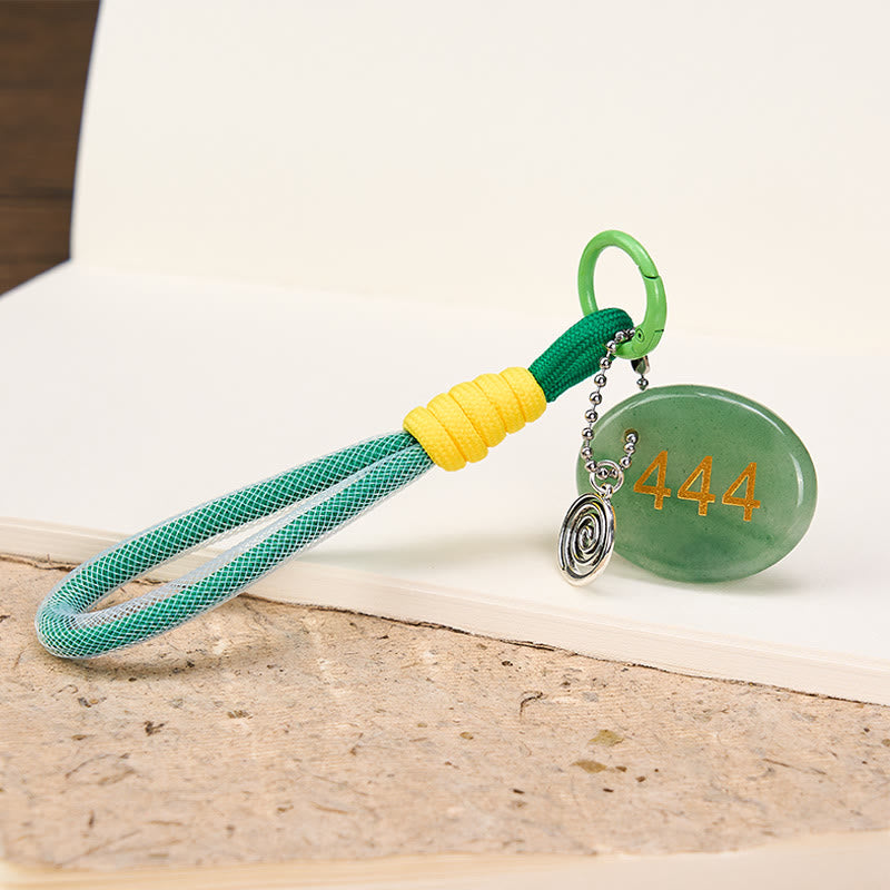 Buddha Stones "Wishing Protection and Stability" 444 Angel Number Natural Green Aventurine Key Chain Hanging Decoration Includes Gift Message Card