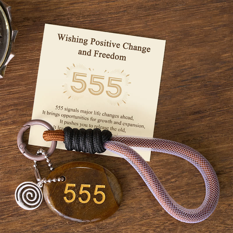 Buddha Stones "Wishing Positive Change and Freedom" 555 Angel Number Natural Tiger Eye Key Chain Hanging Decoration Includes Gift Message Card