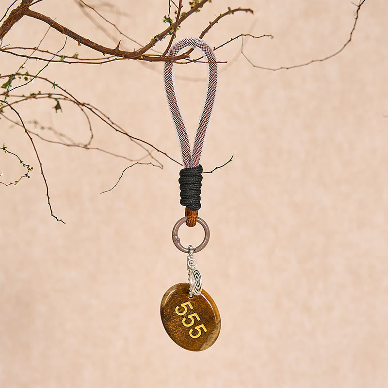 Buddha Stones "Wishing Positive Change and Freedom" 555 Angel Number Natural Tiger Eye Key Chain Hanging Decoration Includes Gift Message Card