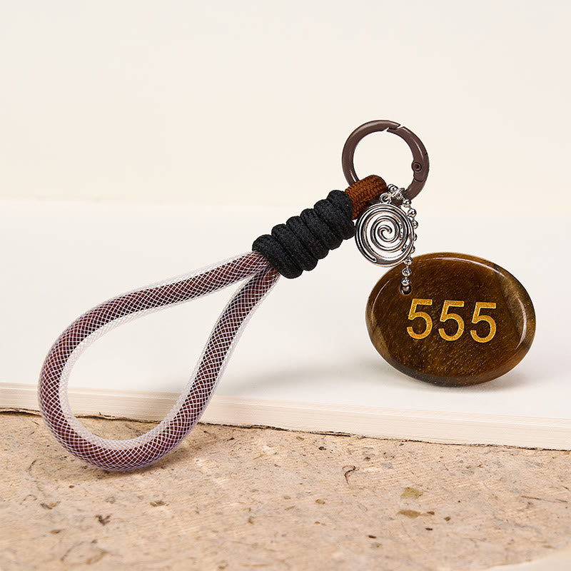 Buddha Stones "Wishing Positive Change and Freedom" 555 Angel Number Natural Tiger Eye Key Chain Hanging Decoration Includes Gift Message Card