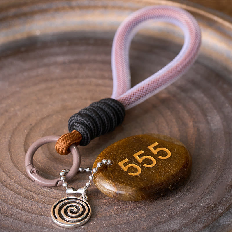 Buddha Stones "Wishing Positive Change and Freedom" 555 Angel Number Natural Tiger Eye Key Chain Hanging Decoration Includes Gift Message Card