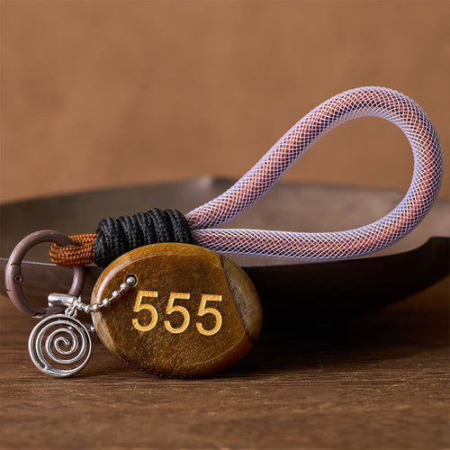 Buddha Stones "Wishing Positive Change and Freedom" 555 Angel Number Natural Tiger Eye Key Chain Hanging Decoration Includes Gift Message Card
