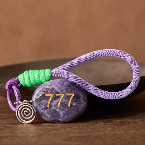Buddha Stones "Step Into Luck and Wisdom" 777 Angel Number Natural Amethyst Key Chain Hanging Decoration Includes Gift Message Card