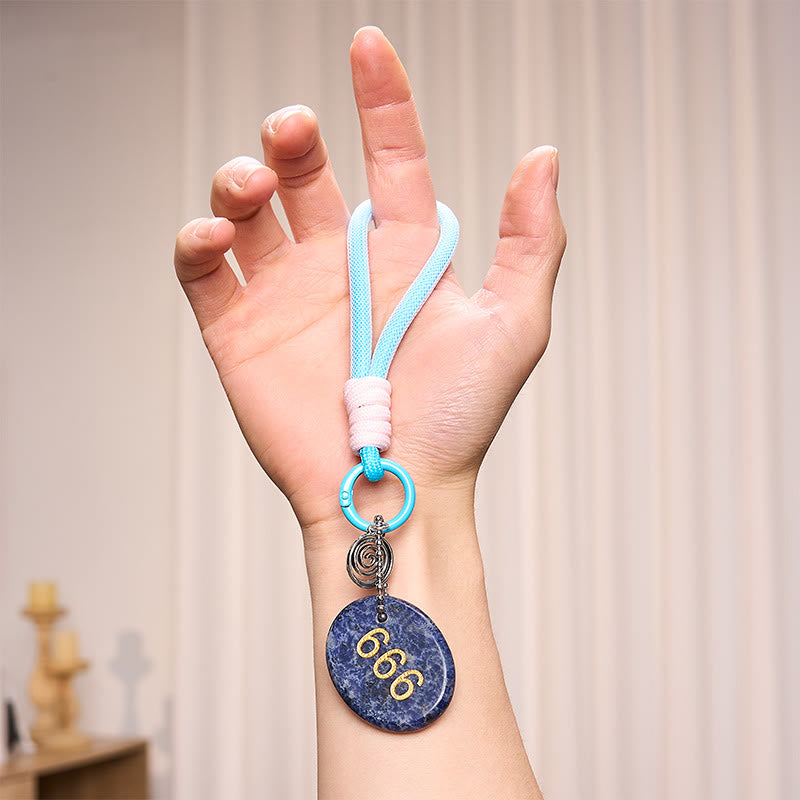 Buddha Stones "Wishing Balance and Inner Peace" 666 Angel Number Natural Sodalite Key Chain Hanging Decoration Includes Gift Message Card